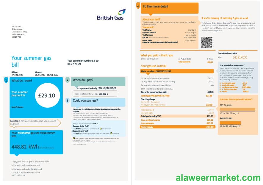 United Kingdom British Gas utility bill, Word and PDF template, 4 pages 1 2